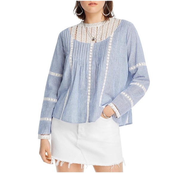 Lini NWT Bloomingdale's Alice Lace Inset Pin Striped Back Button Blouse Blue New - Picture 9 of 10
